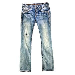 Rock Revival Jeans Womens 31 Blue Norma Slim Boot Denim Distressed Thick Stitch